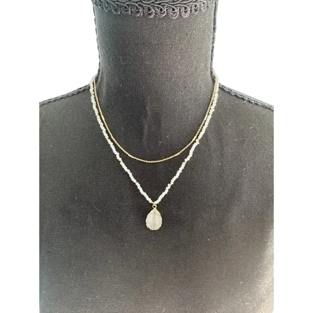 Gold Layered Necklace Moonstone Opalite Teardrop Seed Bead Bar Chain Set 16 In